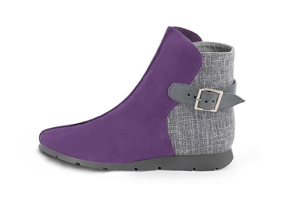 Women's amethyst purple, pebble grey and dove grey elegant ankle boots, with buckles at the back. Round toe. Thin rubber soles - Profile view